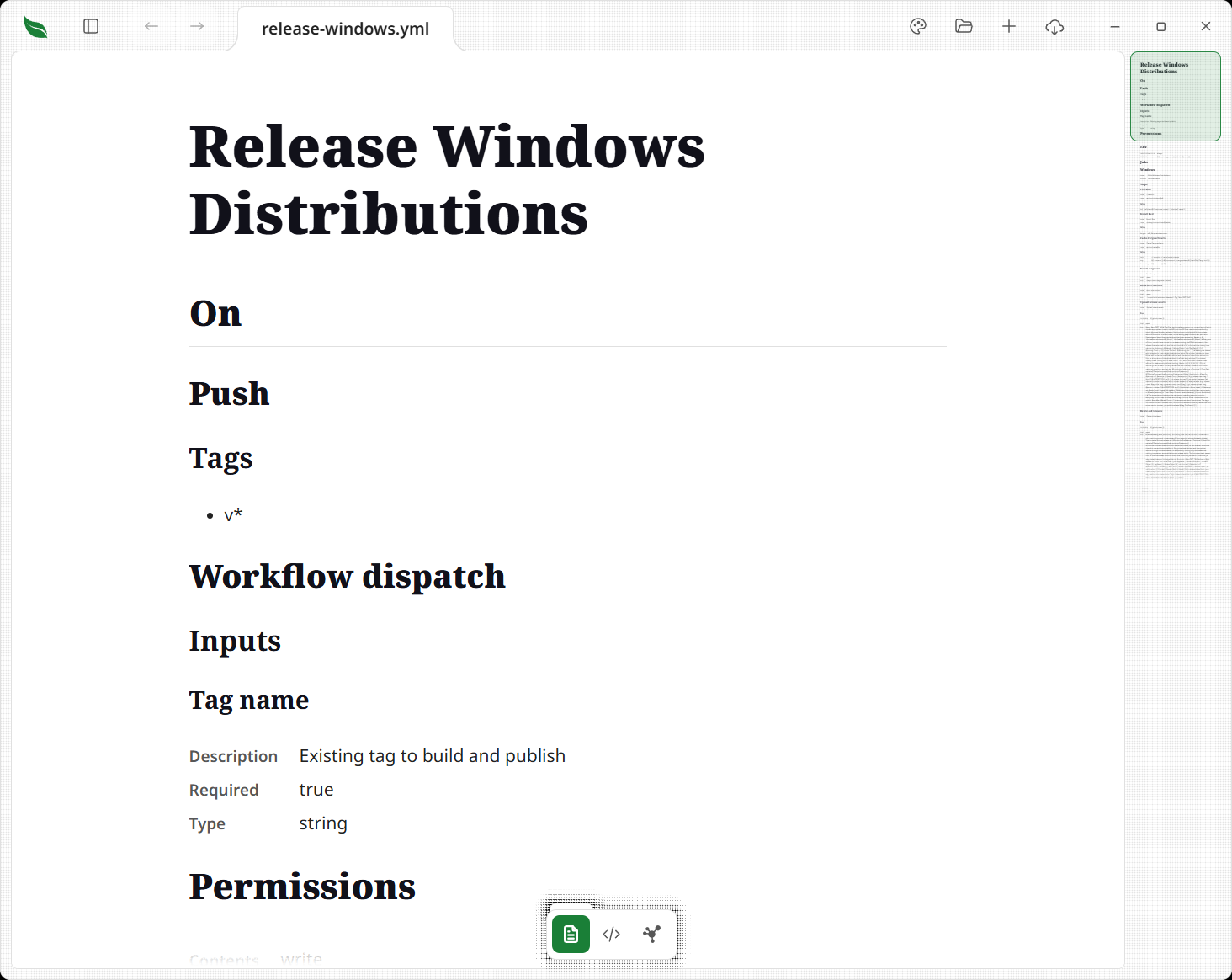 A GitHub Actions workflow YAML file opened in Leaftext, rendered as headed sections and aligned label/value fields rather than indented punctuation