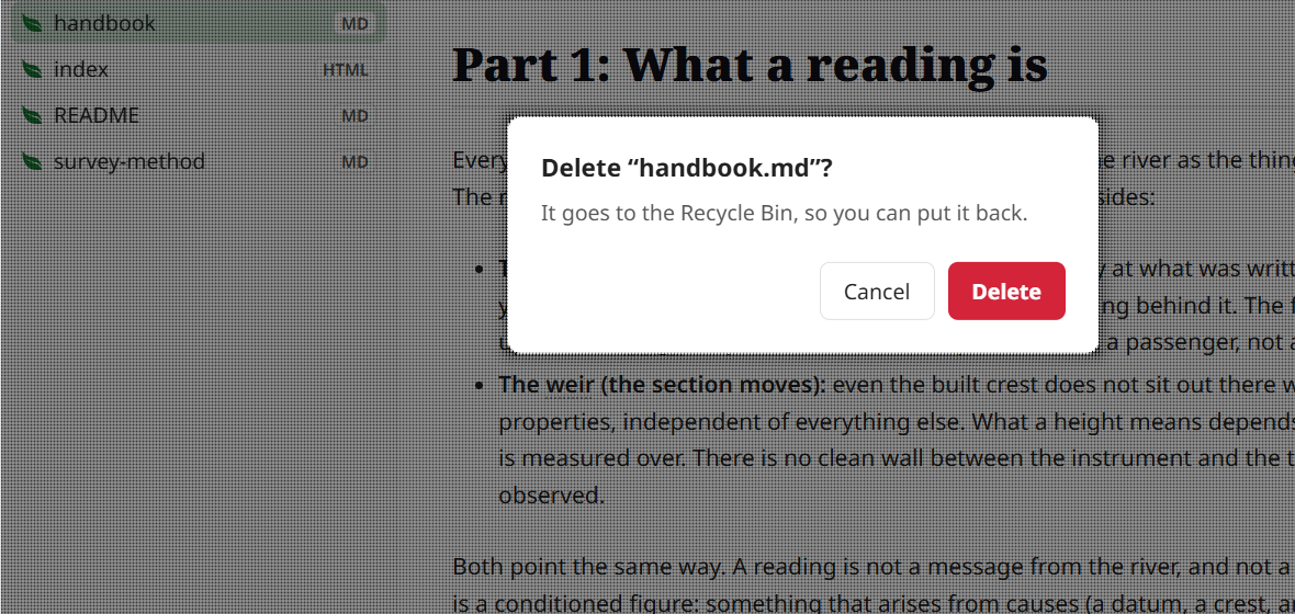 The confirmation over a dimmed page: "Delete “Reading list.md”?", the line saying it goes to the Recycle Bin, then Cancel and a red Delete