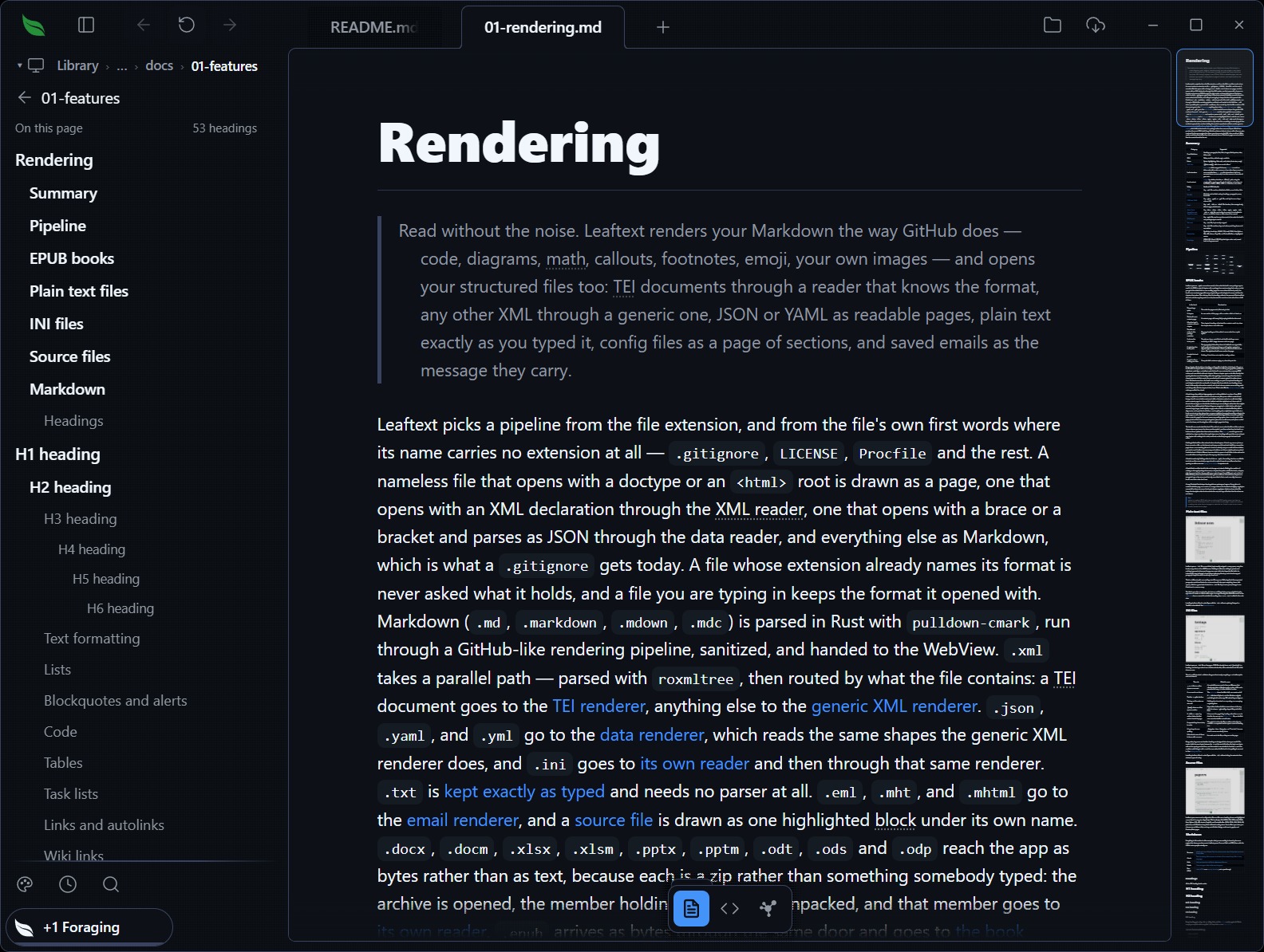 The Leaftext window scrolling through a long document, its outline in the pane at left and the minimap down the right edge