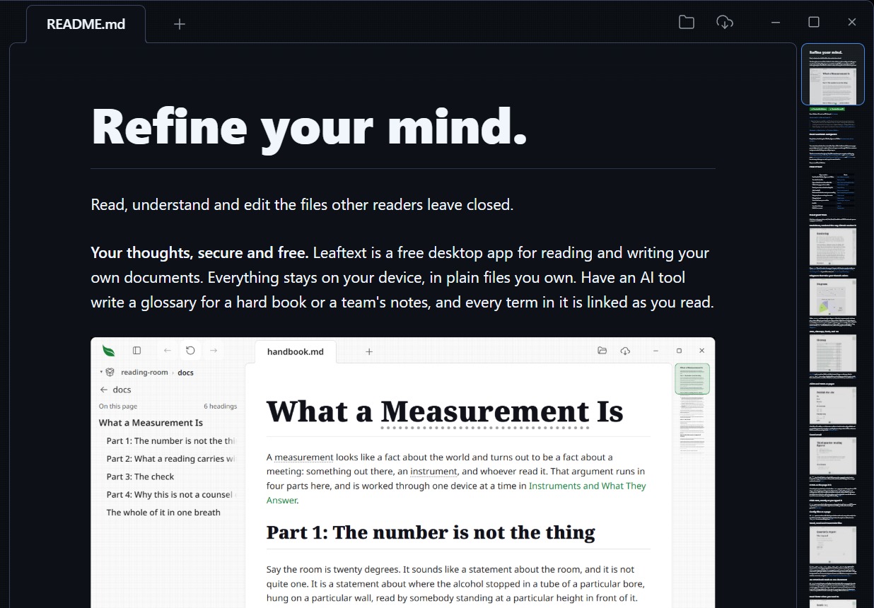 Leaftext opening a Markdown page, a sitemap, a saved email, a JSON file and a TOML file, each drawn as a page to read