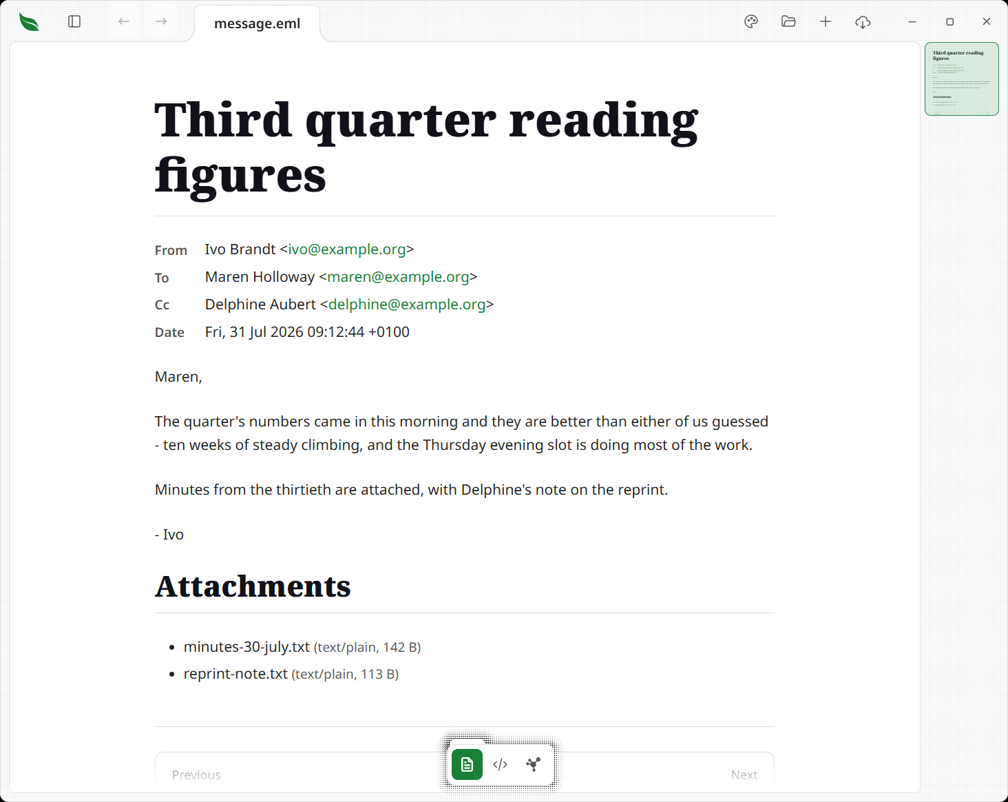 An .eml file opened in Leaftext, showing the subject as the page heading, From/To/Date as a field list, and the message body with an inline image