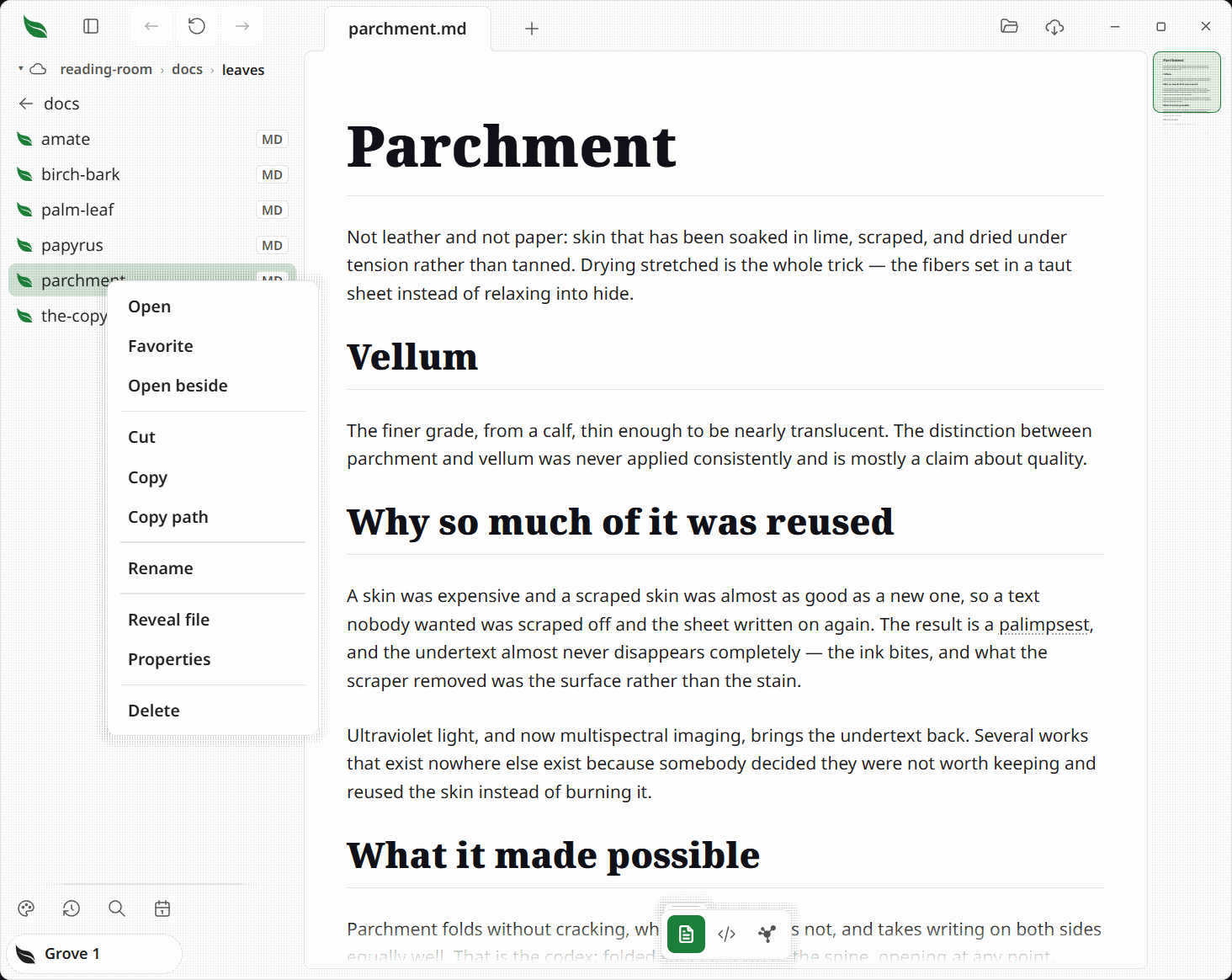 A right-click context menu open on a file row in the library pane, listing Open, Favorite, Open beside, Cut, Copy, Copy path, Rename, Reveal file, Properties and Delete