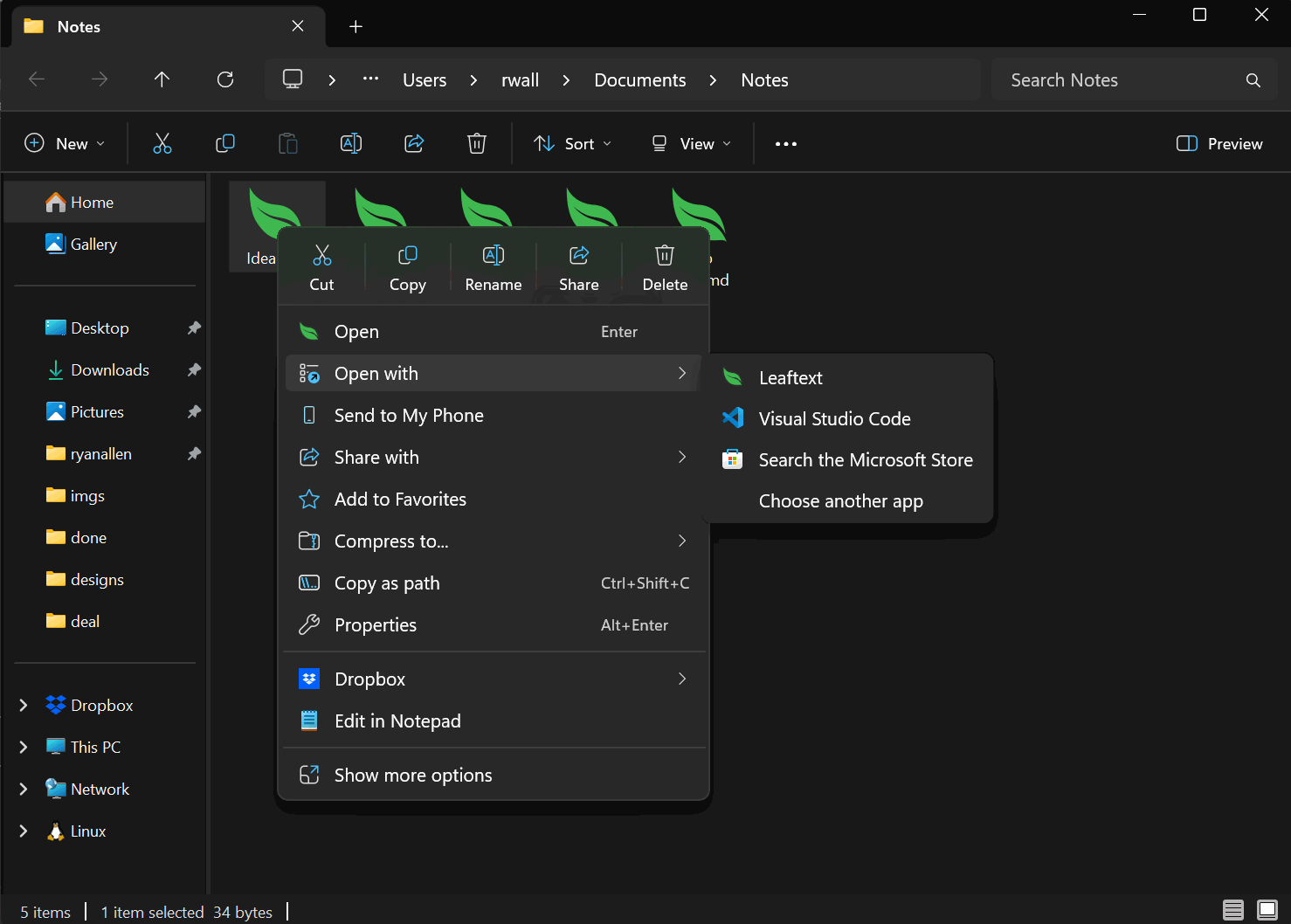 A file in Explorer showing the green leaf icon, with the Open with menu expanded and Leaftext listed in it