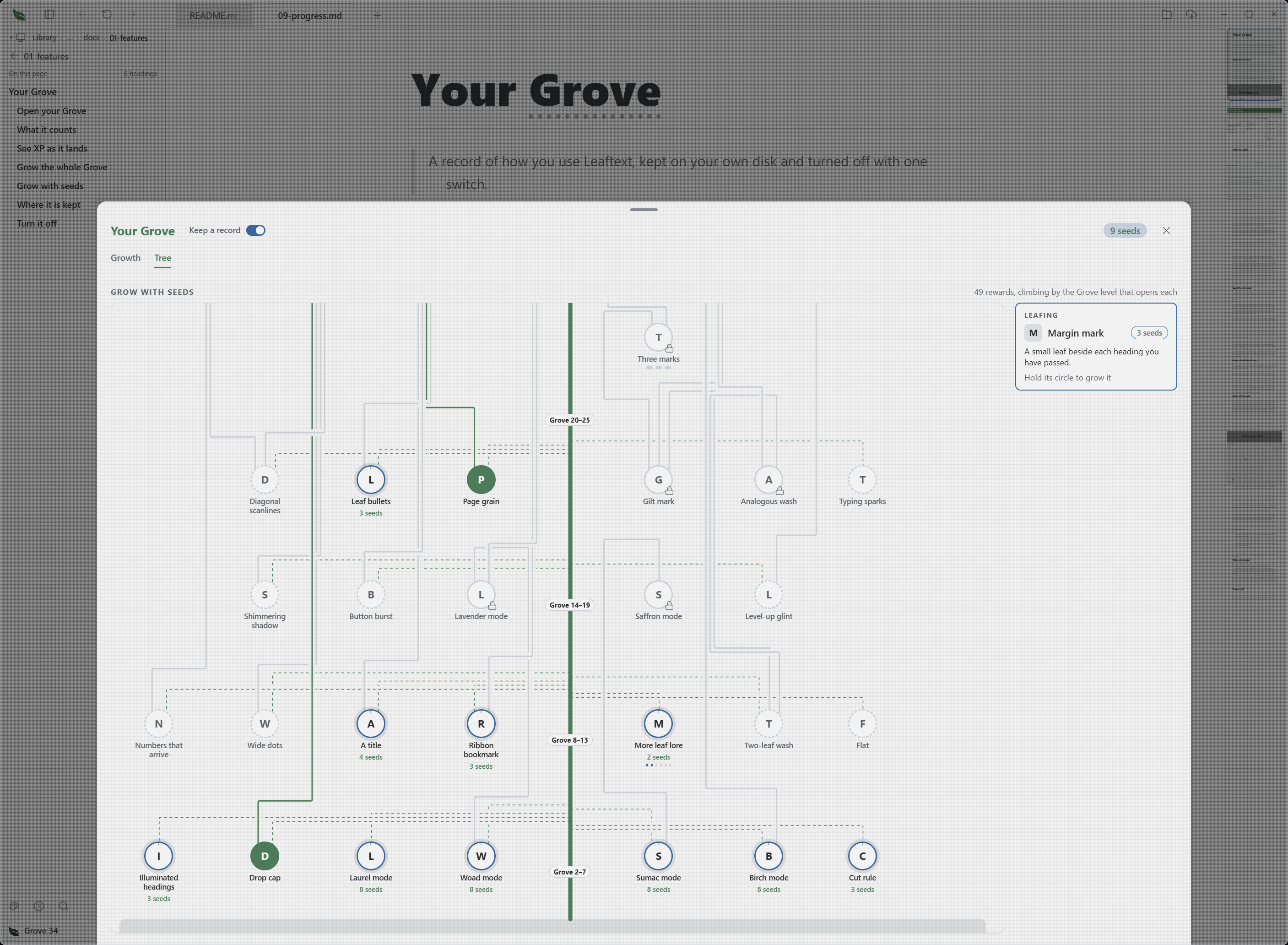 The Grove Tree tab with the Margin mark card beside it: separate solid branches meet the circles, lighter dotted branches lead to the trunk, and breaks distinguish unrelated crossings; A title and Ribbon bookmark stand above the lowest band and the soil