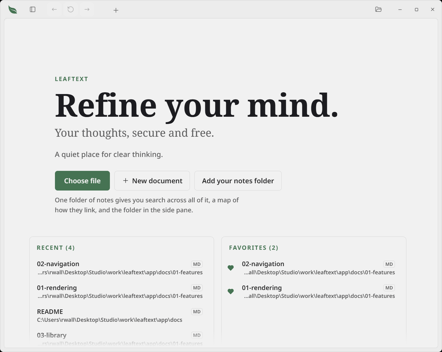 The Leaftext home screen with no document open: the Choose file, New document and Add your notes folder buttons with a line under them about what a folder buys, and the recent files list with your favorites beside it beneath that