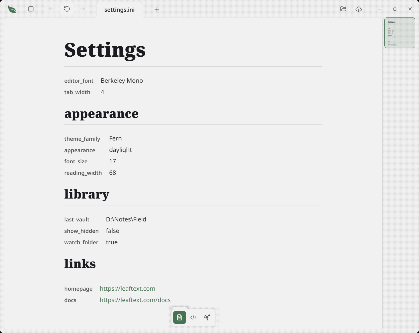 An .ini settings file opened in Leaftext: the file name as the page heading, the keys written before the first section as an aligned label and value list, then a heading per section with its own keys under it and the two web addresses drawn as links