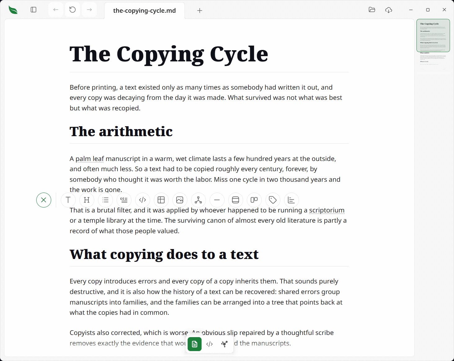The insert row fanned out over an empty line: a row of buttons for text, heading, list, quote, code block, table, image, flowchart, divider, framed figure, cards, badge and bars, each drawn with its own icon The insert row fanned out over an empty line: a row of buttons for text, heading, list, quote, code block, table, image, flowchart, divider, framed figure, cards, badge and bars, each drawn with its own icon