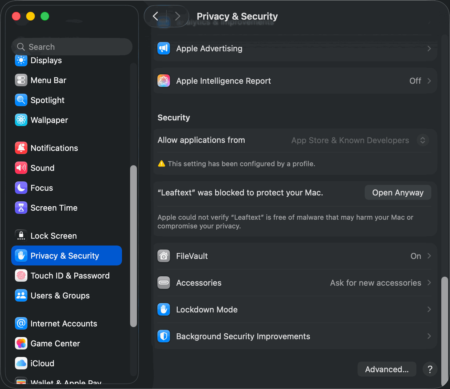 The macOS System Settings Privacy & Security pane scrolled to the Security section, where a line names Leaftext as blocked with an Open Anyway button beside it