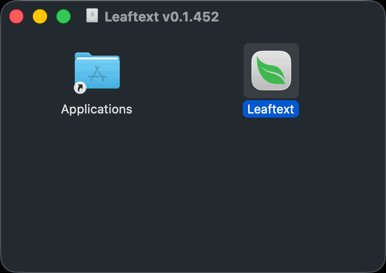 The mounted Leaftext disk image in the Finder: the leaf app icon on the left with an arrow pointing to the Applications folder shortcut on the right