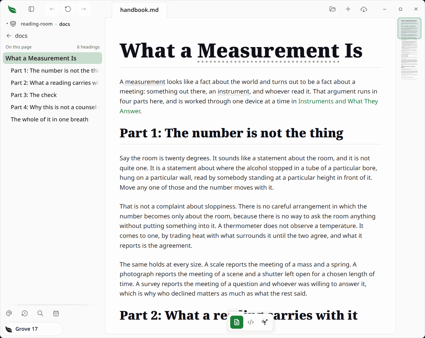 The Leaftext window with a Markdown document open: the library pane at left holding the document's headings, the rendered page in the middle, and the minimap rail down the right edge