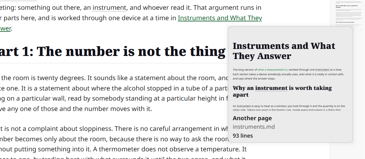 A link in a paragraph being hovered, with a card beside it holding the target document's own title and opening lines, then a line naming it as another page, the href it was written with, and the length of the document it leads to