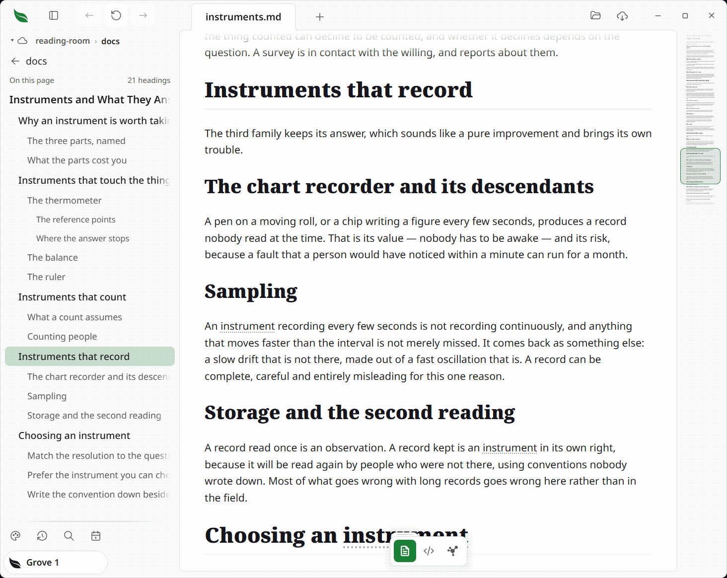 The library pane holding the open document's headings: the back row naming its folder, an On this page line with the heading count at its right, the page's own title as the first row, and the sections indented under it and stepping down in size, with the one being read lit