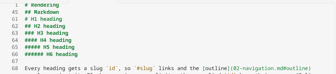 The Markdown code view scrolled into a subsection, with two heading rows pinned at the top edge — the parent heading above the current one, each showing its own line number and syntax colors The Markdown code view scrolled into a subsection, with two heading rows pinned at the top edge — the parent heading above the current one, each showing its own line number and syntax colors
