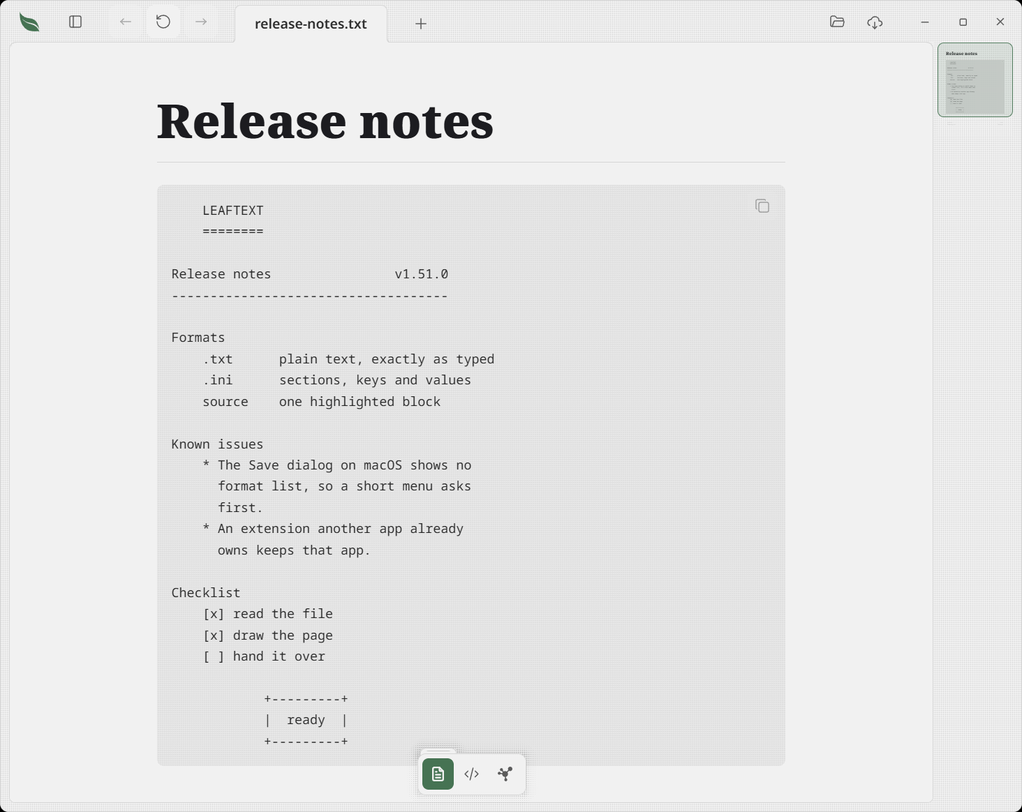 A .txt file of release notes opened in Leaftext: the file name as the page heading, then the whole file as one block with its indented lists, its ruled headings and a box drawn in plus and minus signs all still lined up