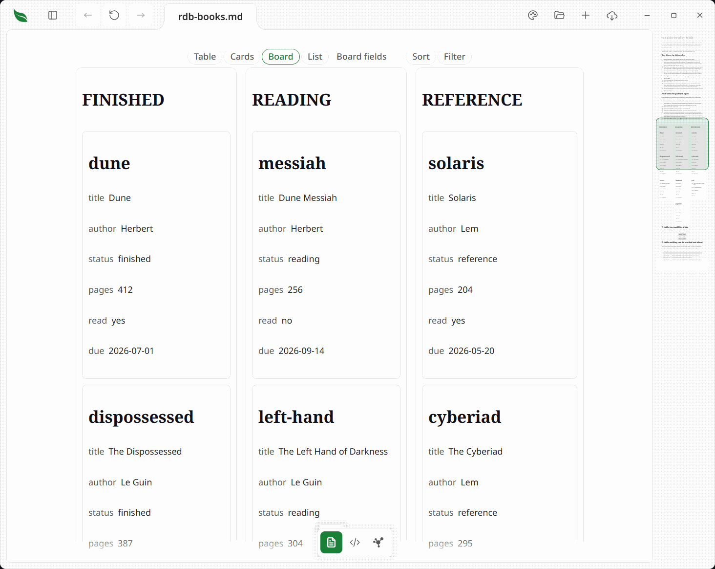 The same records drawn as a board in three columns headed FINISHED, READING and REFERENCE, each card led by its id with its fields listed under it, and Board marked in the quiet bar above