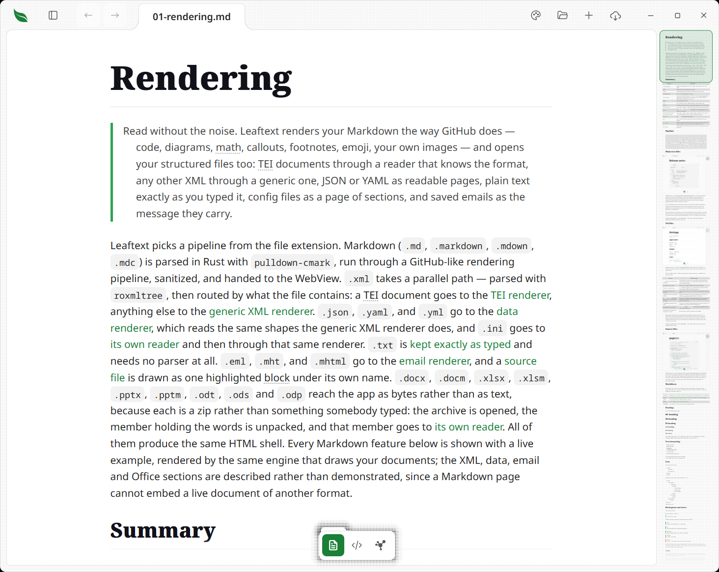 Leaftext reading view rendering a Markdown document