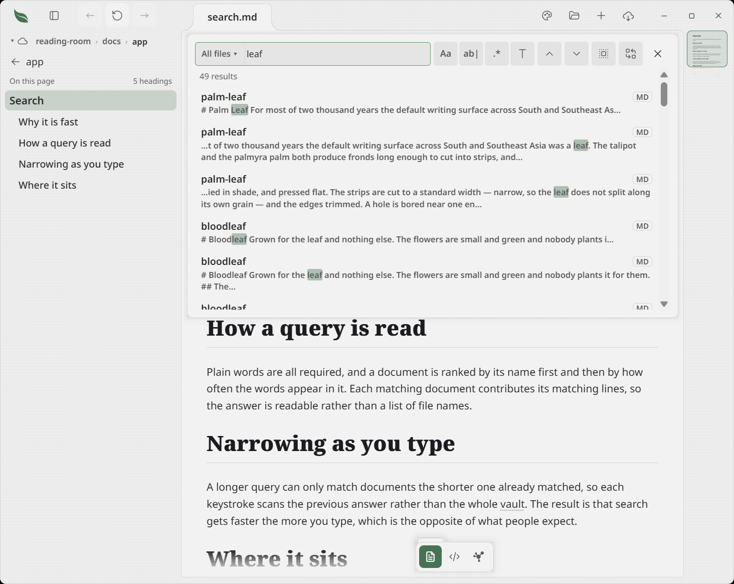 All-files search results under the find bar: a filename match at the top, then content matches with highlighted terms, while the pane keeps showing the open document's outline behind them