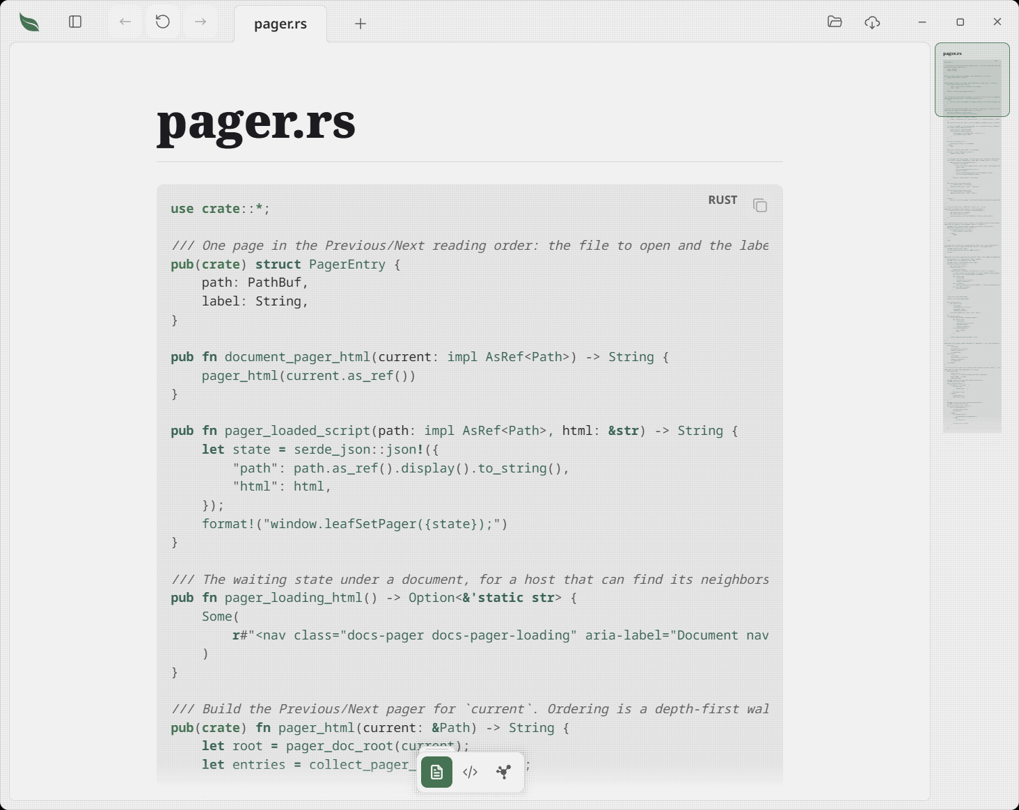A Rust file opened in Leaftext: the file name as the page heading, then the whole source as one block colored in the theme, with the language named in the block corner beside a Copy button