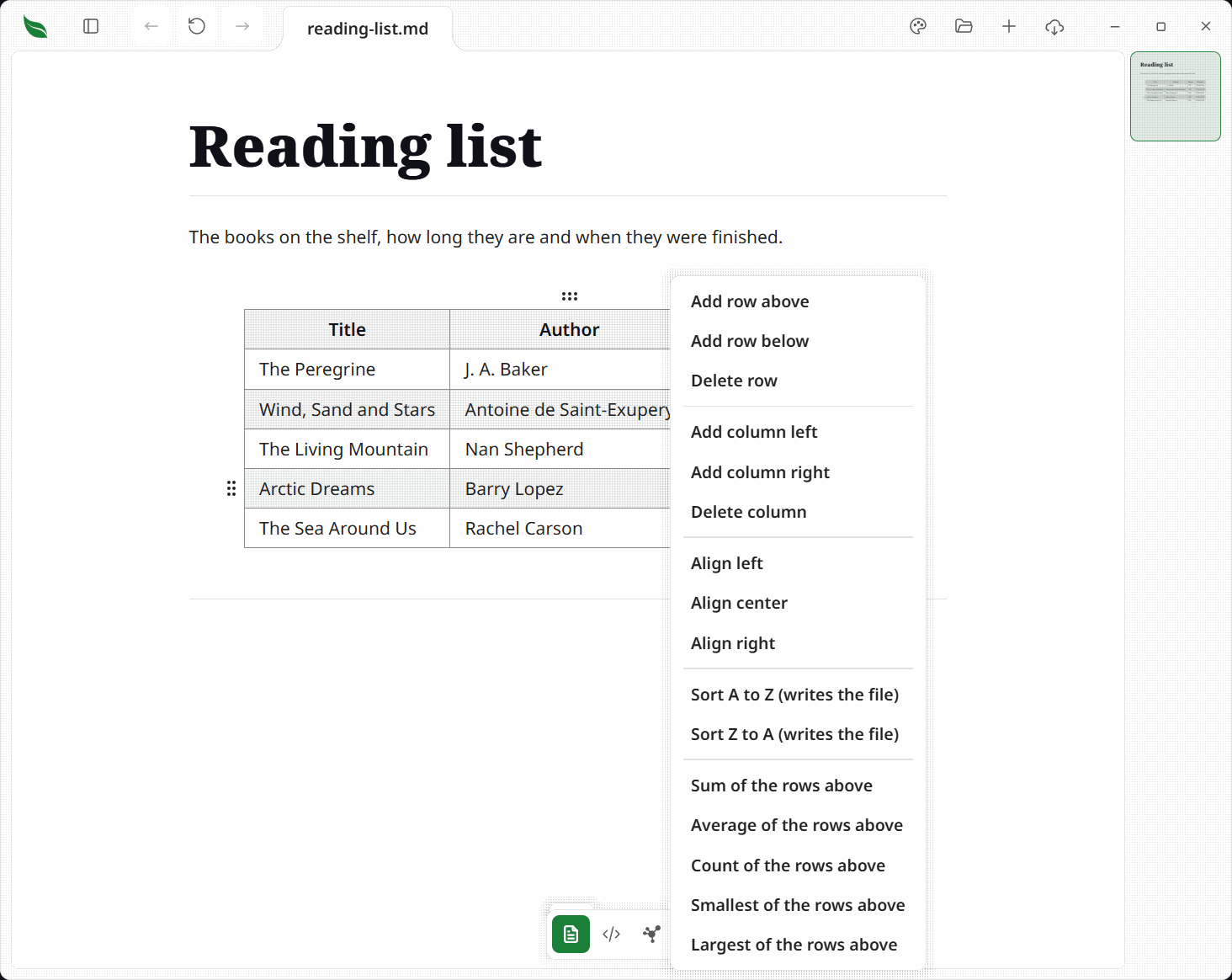 A reading list table in the page, with a grip standing above the Author column and another beside the Arctic Dreams row, and the right-click menu open over a cell offering Add row above, Add row below, Delete row, the three column actions, the three alignments, both sorts and the five totals
