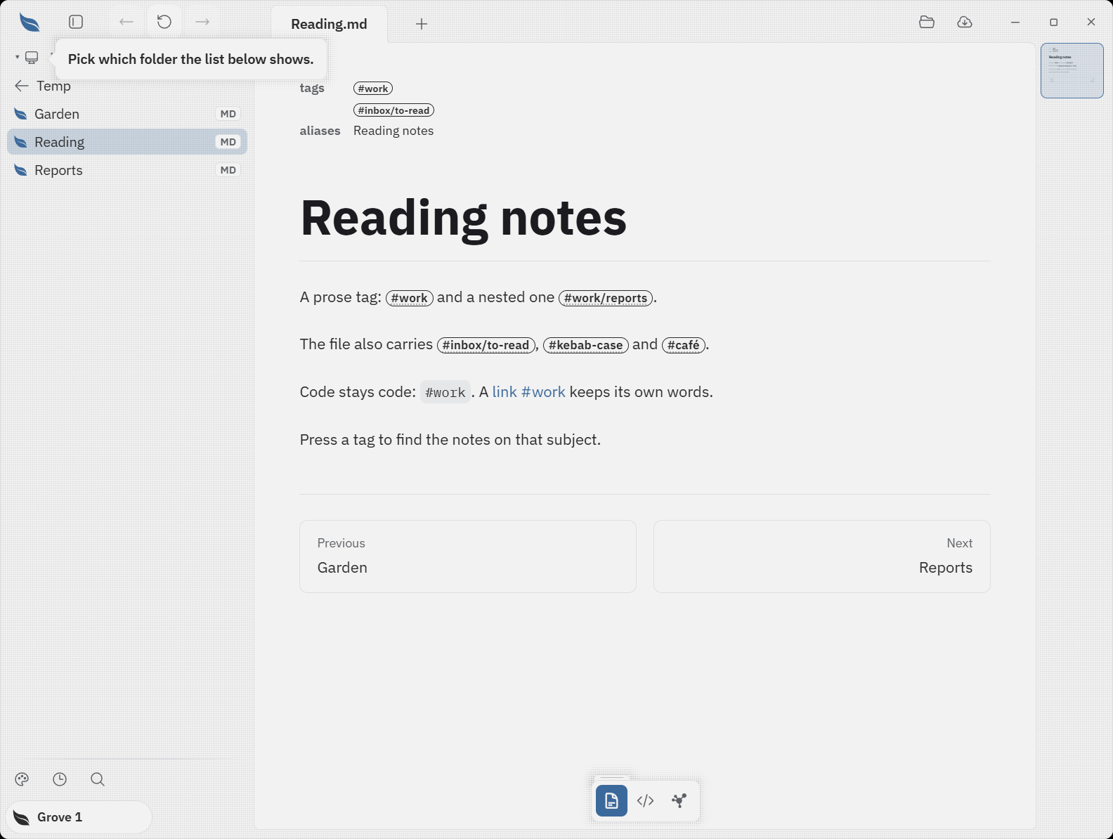 A note's tags drawn as pills in its field block and prose, with code and link words kept as written