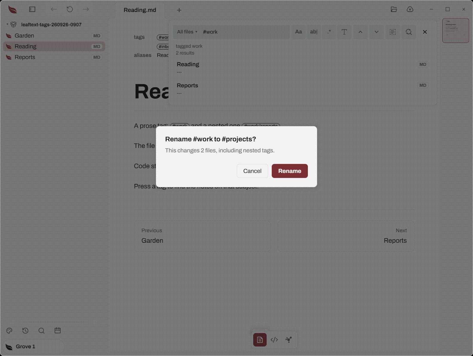 Confirming a tag rename in two files, including nested tags