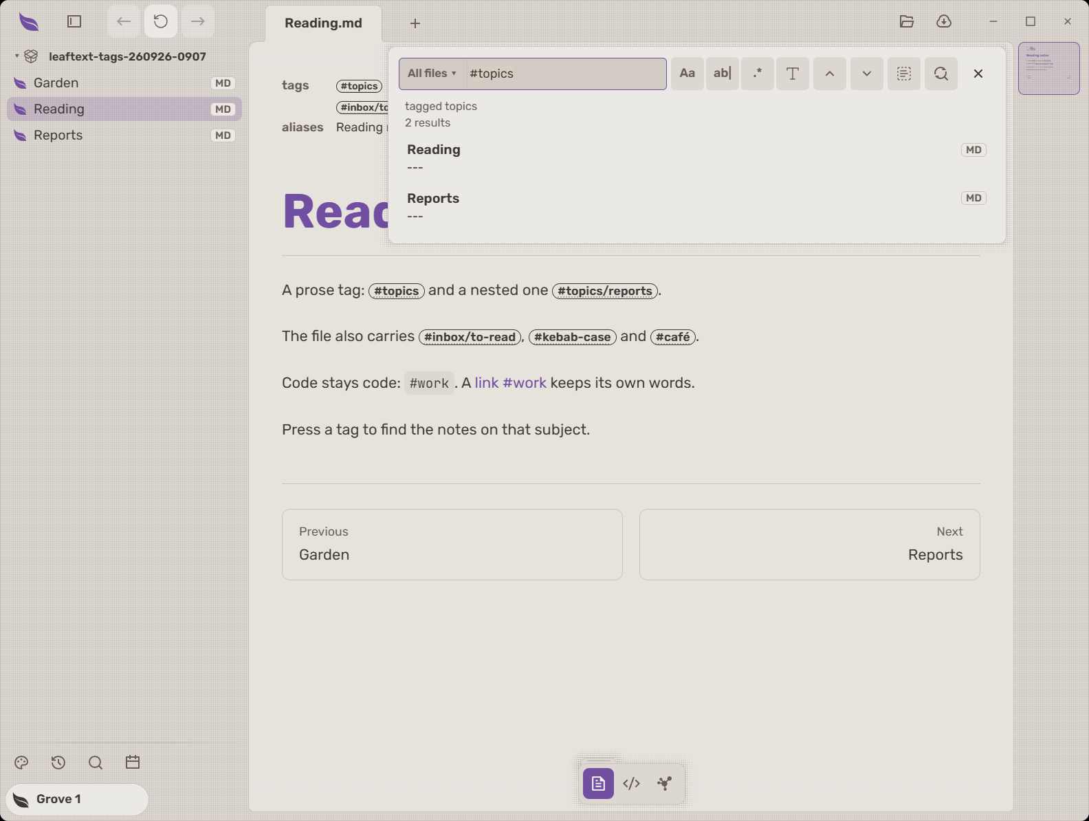 Tags in a note's field block and prose, with All files showing the two notes carrying the renamed parent tag; the code span and link words still carry their original hashtag