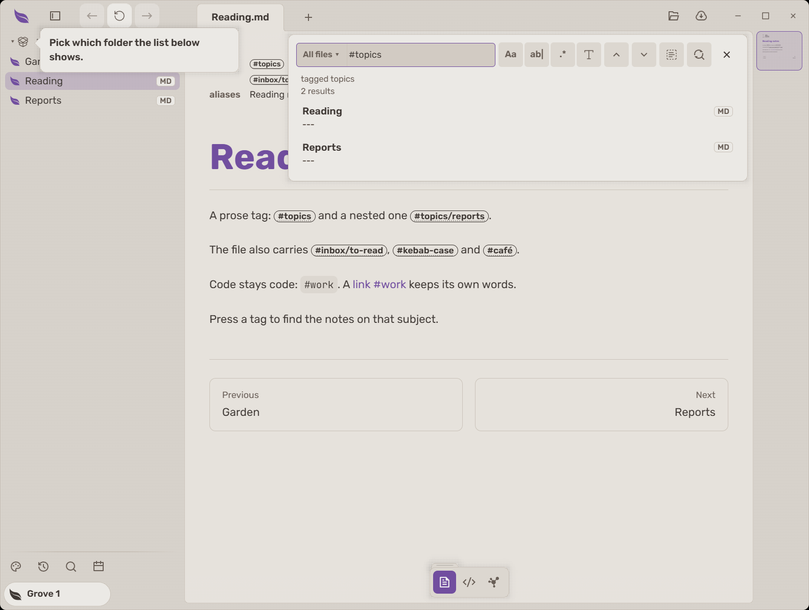Searching for a parent tag finds both the note with that tag and a note with a nested tag