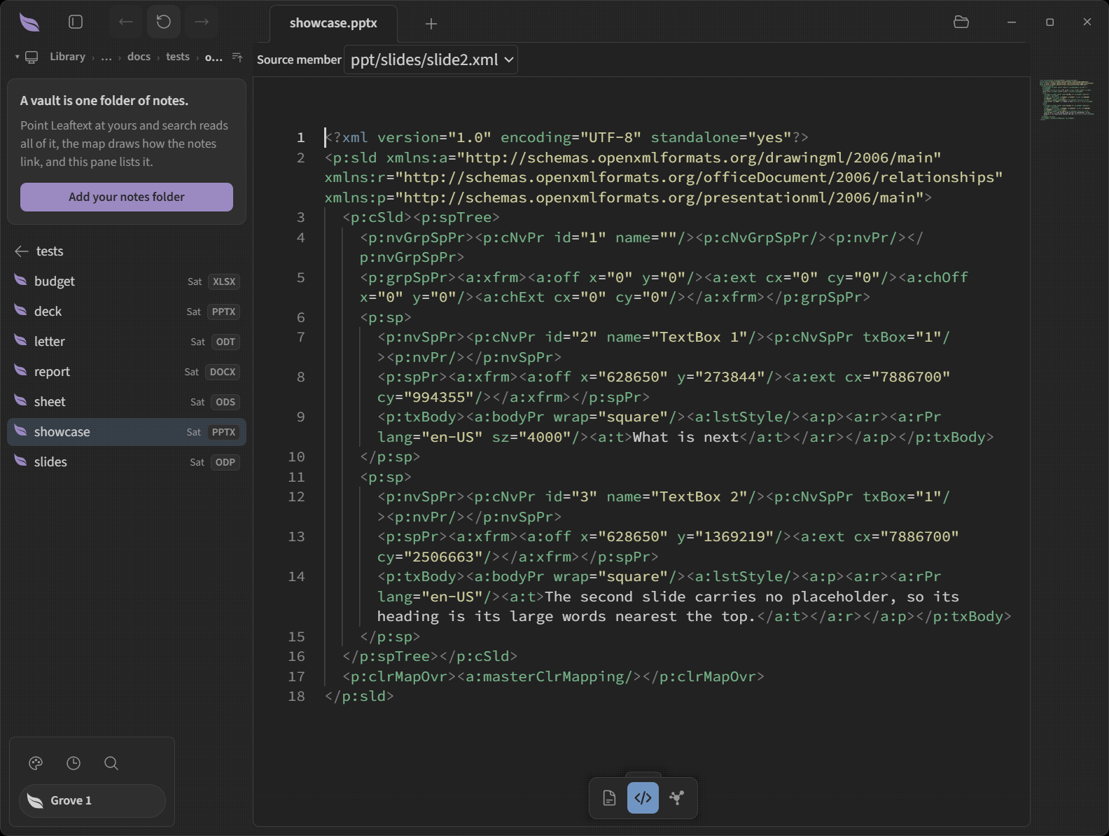 The code view over a deck names slide 2 above its XML, with its own words in the source The code view over a deck names slide 2 above its XML, with its own words in the source