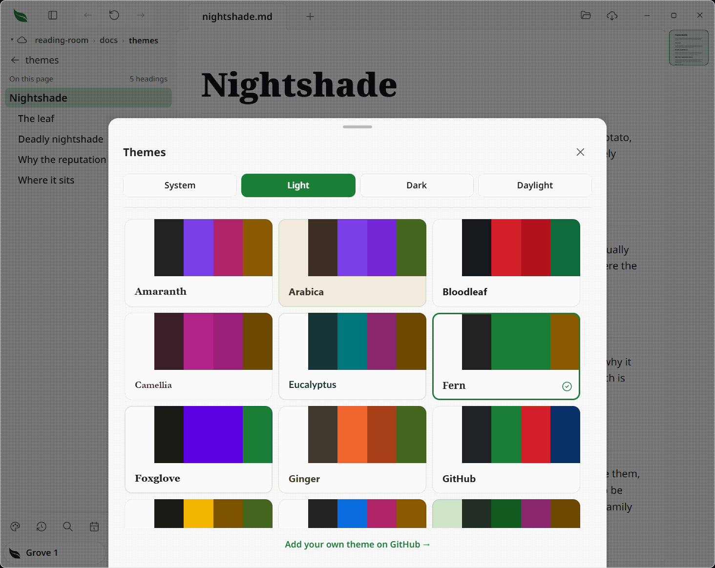 The theme picker open as a bottom sheet: the appearance control across the top, then a scrolling grid of family cards, each wearing its own paper, ink, five-swatch strip and heading font, with the current family ringed and ticked The theme picker open as a bottom sheet: the appearance control across the top, then a scrolling grid of family cards, each wearing its own paper, ink, five-swatch strip and heading font, with the current family ringed and ticked