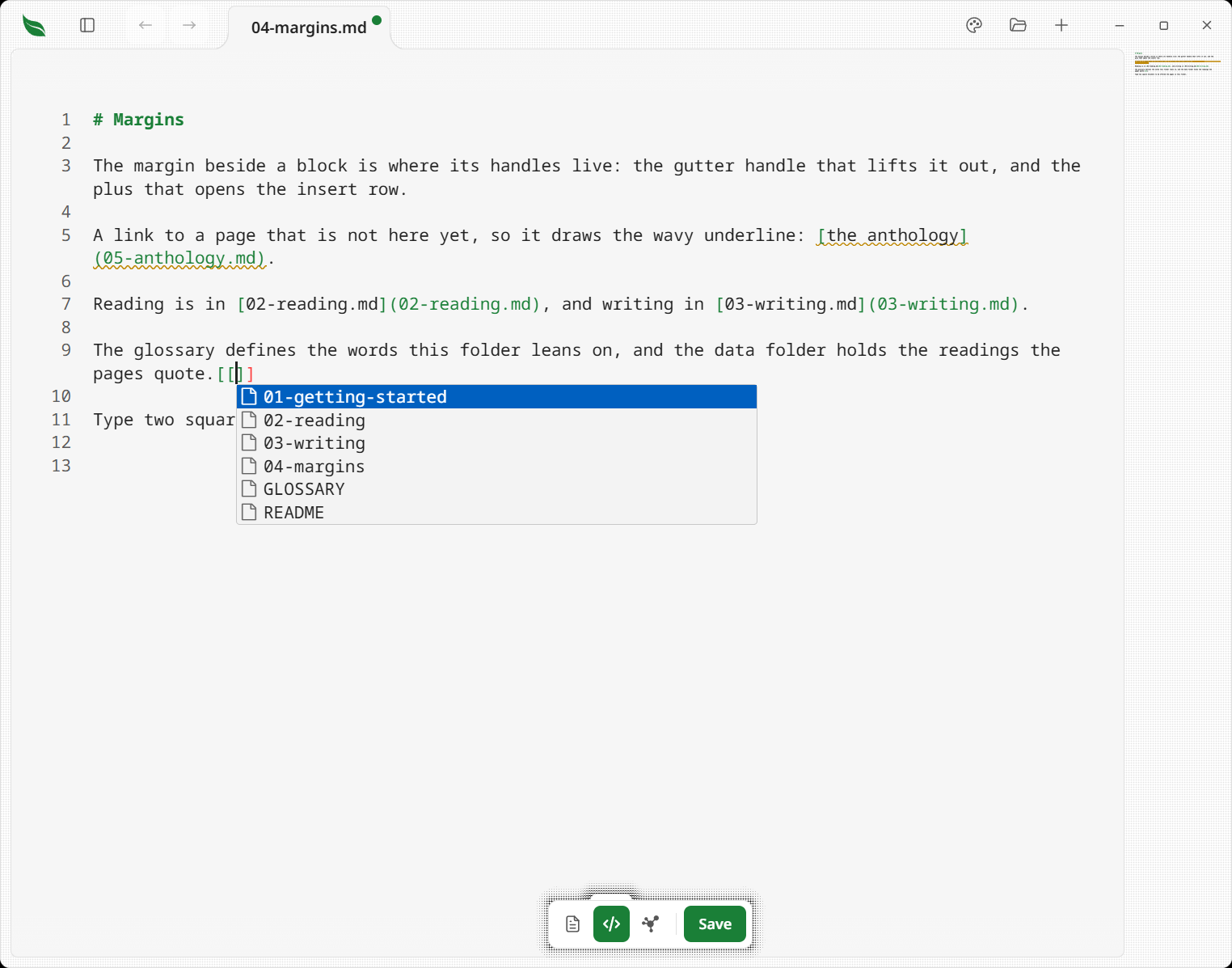 The code view with a completion popup open after typing two square brackets, listing note names from the vault, and a wavy underline beneath a broken link further down