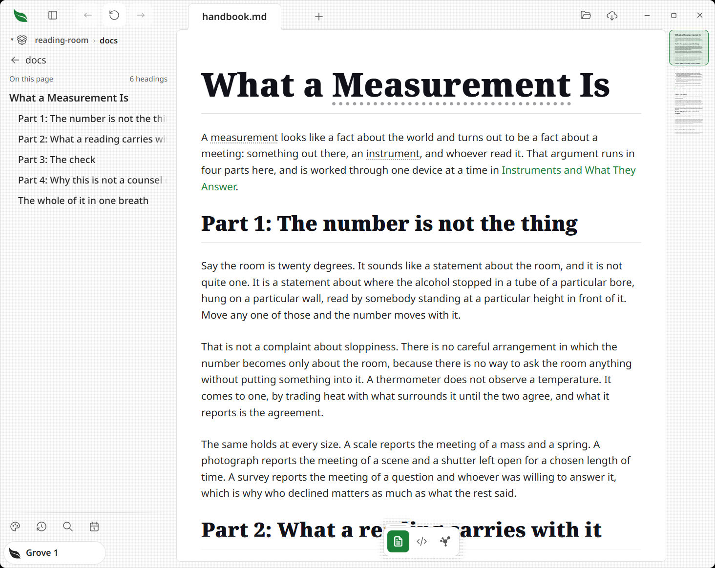 The whole Leaftext window at once: the app bar with its tab strip across the top, the library pane at left holding the document's headings, the rendered page in the middle, the minimap rail at right, and the floating toolbar over the foot of the page