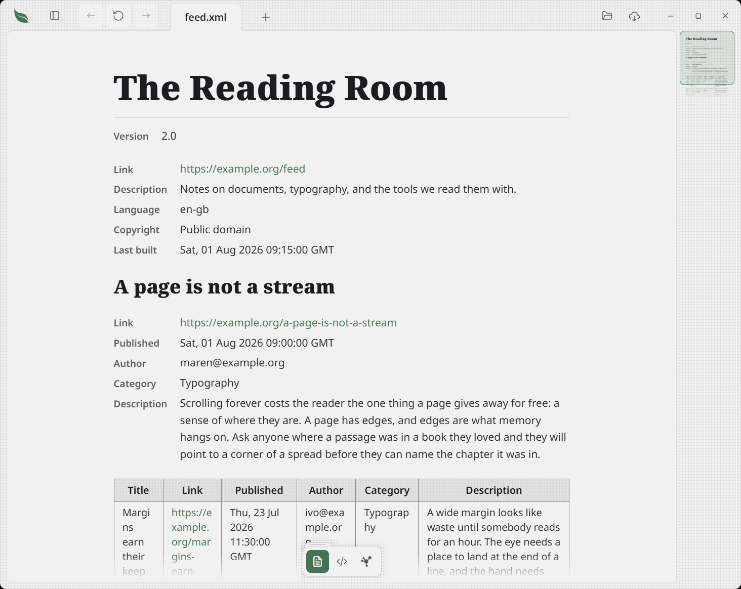 An RSS feed opened in Leaftext: the channel title as the page heading, the channel fields as an aligned label and value list, then one section per item
