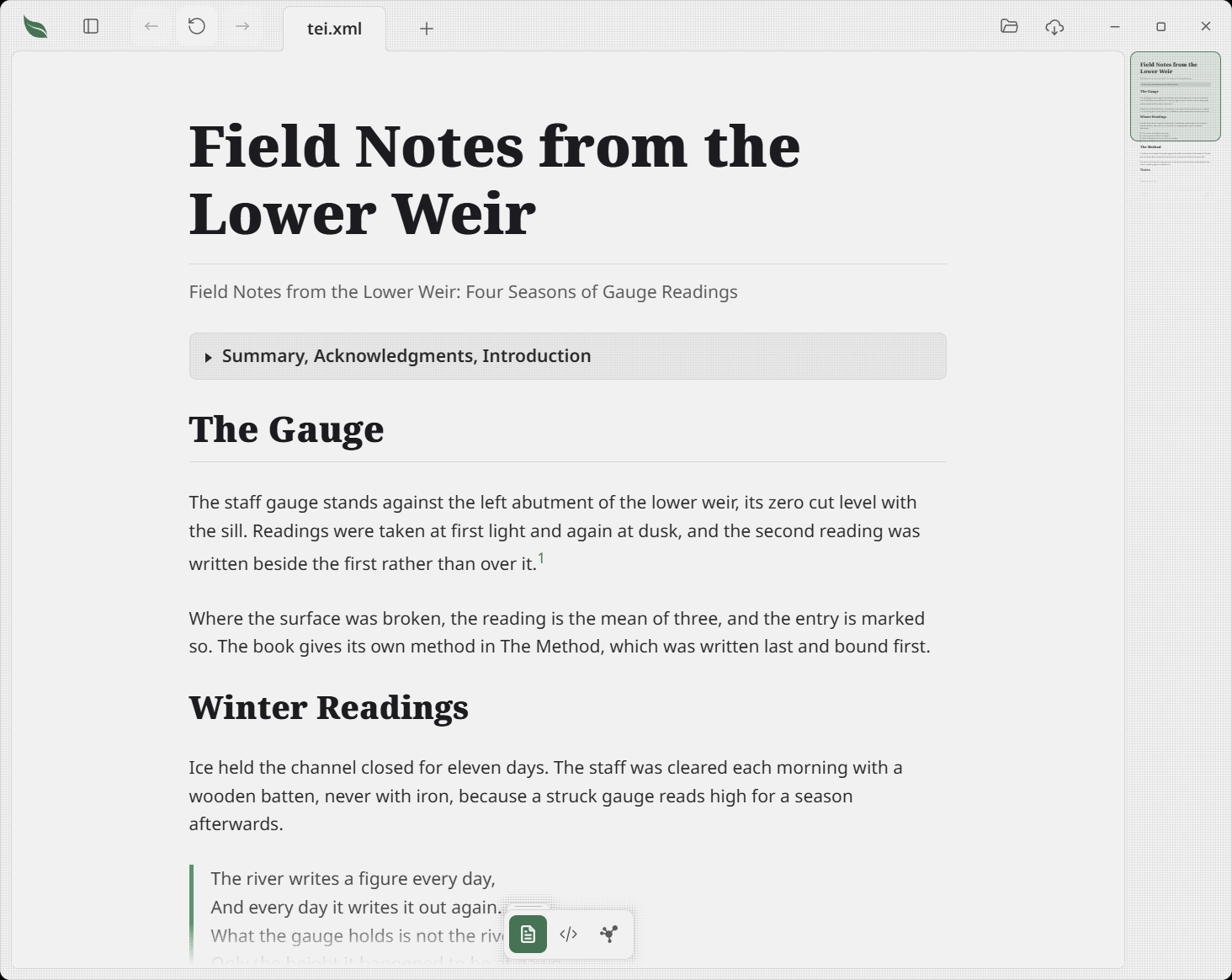 A TEI field-notes document open in Leaftext: the main title as the page heading with the long title in muted text beneath it, the front matter collapsed into a disclosure, a numbered end note in the prose, and a verse stanza rendered as a quoted block
