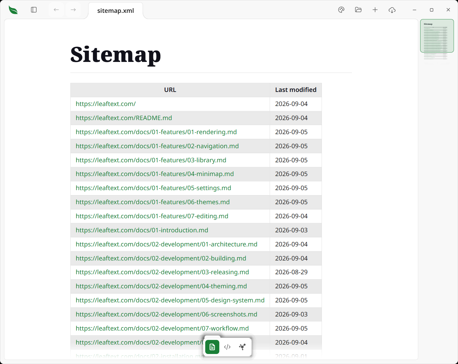 An XML sitemap opened in Leaftext, rendered as a table of URL records with columns for URL, last modified and priority, instead of raw tags